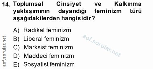 14. soru: Toplumsal Cinsiyet ve Kalkınma yaklaşımının dayandığı feminizm türü aşağıdakilerden hangisidir? A) Radikal feminizm B…