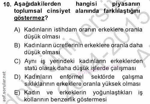 10. soru: Aşağıdakilerden hangisı piyasanın toplumsal cinsiyet alanında farklılaştığını göstermez? A) Kadınların istihdam oranı…