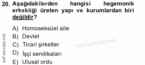 20. soru: Aşağıdakilerden hangisi hegemonik erkekliği üreten yapı ve kurumlardan biri değildir? A) Homoseksüel aile B) Devlet C…