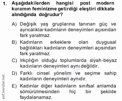 1. soru: Aşağıdakilerden hangisi post modern kuramın feminizme getirdiği eleştiri dikkate alındığında dogrudur? A) Değişik yaş…
