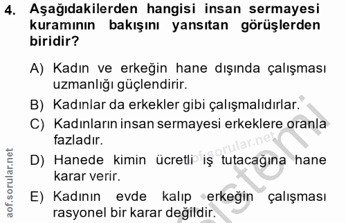 4. soru: Aşağıdakilerden hangisi insan sermayesi kuramının bakışını yansıtan görüşlerden biridir? A) Kadın ve erkeğin hane dış…