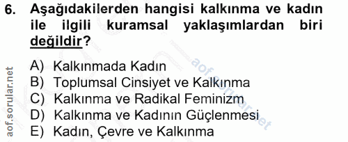6. soru: Aşağıdakilerden hangisi kalkınma ve kadın ile ilgili kuramsal yaklaşımlardan biri değildir? A) Kalkınmada Kadın B) To…
