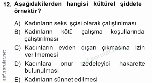 12. soru: Aşağıdakilerden hangisi kültürel şiddete örnektir? A) Kadınların seks işçisi olarak çalıştırılması B) Kadınların kötü…
