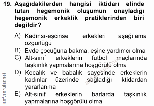 19. soru: Aşağıdakilerden hangisi iktidarı elinde tutan hegemonik oluşumun onayladığı hegemonik erkeklik pratiklerinden biri de…