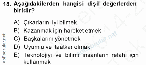 18. soru: Aşağıdakilerden hangisi dişil değerlerden biridir? A) Çıkarlarını iyi bilmek B) Kazanmak için hareket etmek C) Başkal…