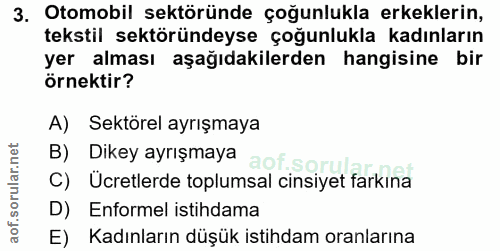 3. soru: Otomobil sektöründe çoğunlukla erkeklerin, tekstil sektöründeyse çoğunlukla kadınların yer alması aşağıdakilerden han…
