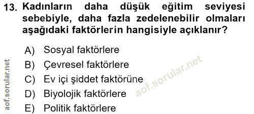 13. soru: Kadınların daha düşük eğitim seviyesi sebebiyle, daha fazla zedelenebilir olmaları aşağıdaki faktörlerin hangisiyle a…