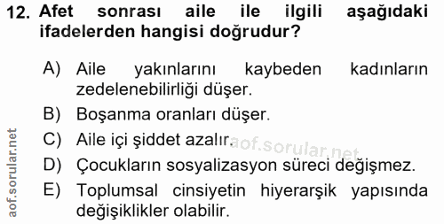 12. soru: Afet sonrası aile ile ilgili aşağıdaki ifadelerden hangisi doğrudur? A) Aile yakınlarını kaybeden kadınların zedelene…