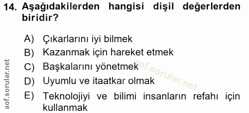 14. soru: Aşağıdakilerden hangisi dişil değerlerden biridir? A) Çıkarlarını iyi bilmek B) Kazanmak için hareket etmek C) Başkal…