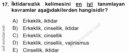 17. soru: Iktidarsızlık kelimesini en iyi tanımlayan kavramlar aşağıdakilerden hangisidir? A) Erkeklik, iktidar B) Erkeklik, ci…