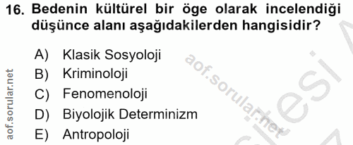 16. soru: Bedenin kültürel bir öge olarak incelendiği düşünce alanı aşağıdakilerden hangisidir? A) Klasik Sosyoloji B) Kriminol…