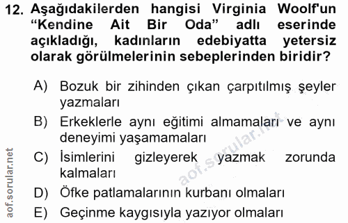 12. soru: Aşağıdakilerden hangisi Virginia Woolf'un "Kendine Ait Bir Oda" adlı eserinde açıkladığı, kadınların edebiyatta yeter…