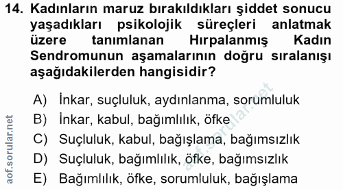 14. soru: Kadınların maruz bırakıldıkları şiddet sonucu yaşadıkları psikolojik süreçleri anlatmak üzere tanımlanan Hırpalanmış…