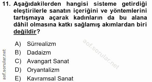 11. soru: Aşağıdakilerden hangisi sisteme getirdiği eleştirilerle sanatın içeriğini ve yöntemlerini tartışmaya açarak kadınları…