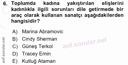 6. soru: Toplumda kadına yakıştırılan elişlerini kadınlıkla ilgili sorunları dile getirmede bir araç olarak kullanan sanatçı a…