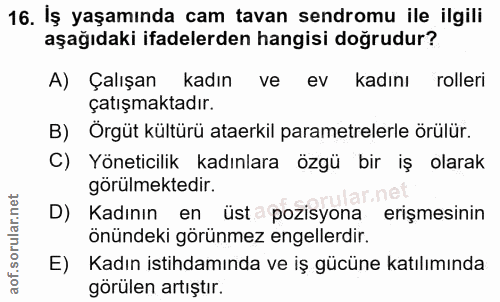 16. soru: İş yaşamında cam tavan sendromu ile ilgili aşağıdaki ifadelerden hangisi doğrudur? A) Çalışan kadın ve ev kadını roll…