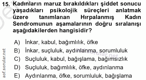 15. soru: Kadınların maruz bırakıldıkları şiddet sonucu yaşadıkları psikolojik süreçleri anlatmak üzere tanimlanan Hirpalanmış…