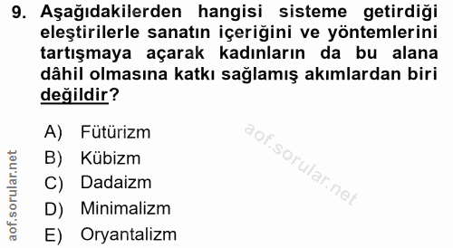 9. soru: Aşağıdakilerden hangisi sisteme getirdiği eleştirilerle sanatın içeriğini ve yöntemlerini tartışmaya açarak kadınları…