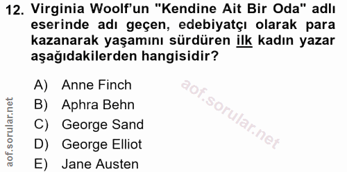 12. soru: Virginia Woolf'un "Kendine Ait Bir Oda" adlı eserinde adı geçen, edebiyatçı olarak para kazanarak yaşamını sürdüren i…
