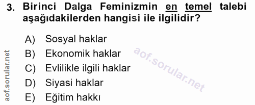 3. soru: Birinci Dalga Feminizmin en temel talebi aşağıdakilerden hangisi ile ilgilidir? A) Sosyal haklar B) Ekonomik haklar C…