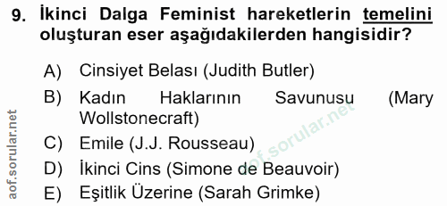 9. soru: İkinci Dalga Feminist hareketlerin temelini oluşturan eser aşağıdakilerden hangisidir? A) Cinsiyet Belası (Judith But…
