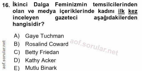 16. soru: İkinci Dalga Feminizmin temsilcilerinden olan ve medya içeriklerinde kadını ilk kez inceleyen gazeteci aşağıdakilerde…