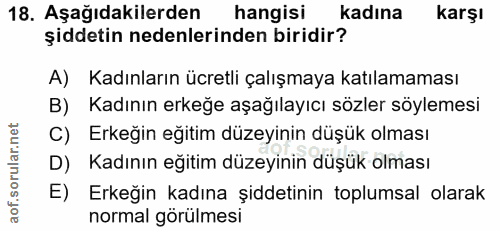 18. soru: Aşağıdakilerden hangisi kadına karşı şiddetin nedenlerinden biridir? A) Kadınların ücretli çalışmaya katılamaması B)…