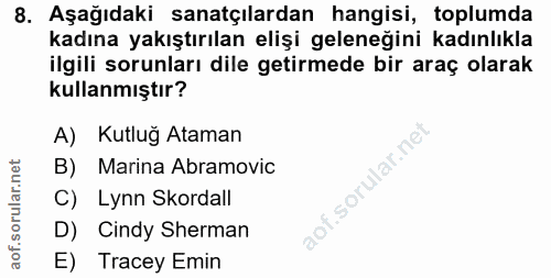 8. soru: Aşağıdaki sanatçılardan hangisi, toplumda kadına yakıştırılan elişi geleneğini kadınlıkla ilgili sorunları dile getir…