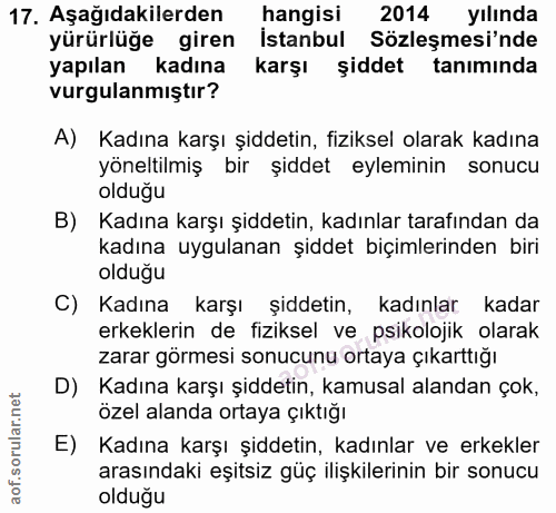 17. soru: Aşağıdakilerden hangisi 2014 yılında yürürlüğe giren Istanbul Sözleşmesi'nde yapılan kadına karşı şiddet tanımında vu…