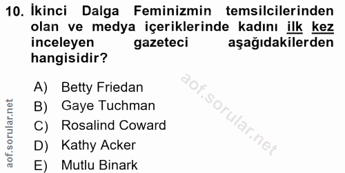 10. soru: Ikinci Dalga Feminizmin temsilcilerinden olan ve medya içeriklerinde kadını ilk kez inceleyen gazeteci aşağıdakilerde…