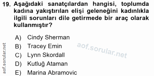 19. soru: Aşağıdaki sanatçılardan hangisi, toplumda kadına yakıştırılan elişi geleneğini kadınlıkla ilgili sorunları dile getir…