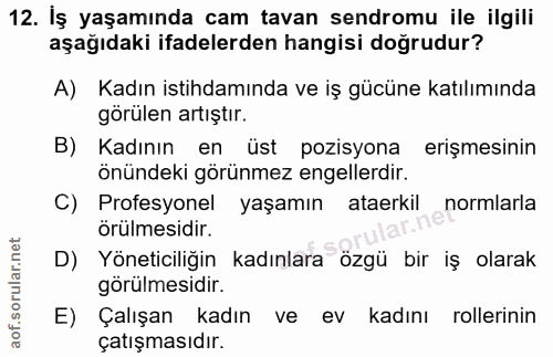 12. soru: İş yaşamında cam tavan sendromu ile ilgili aşağıdaki ifadelerden hangisi doğrudur? A) Kadın istihdamında ve iş gücüne…