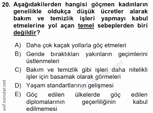 20. soru: Aşağıdakilerden hangisi göçmen kadınların genellikle oldukça düşük ücretler alarak bakım ve temizlik işleri yapmayı k…