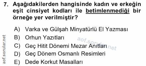 7. soru: Aşağıdakilerden hangisinde kadın ve erkeğin eşit cinsiyet kodları ile betimlenmediği bir örneğe yer verilmiştir? A) V…