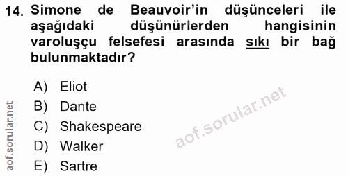 14. soru: Simone de Beauvoir'in düşünceleri ile aşağıdaki düşünürlerden hangisinin varoluşçu felsefesi arasında sıkı bir bağ bu…