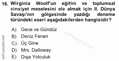16. soru: Wirginia Woolf'un eğitim ve toplumsal cinsiyet meselesini ele almak için II. Dünya Savaşinın gölgesinde yazdığı ı den…