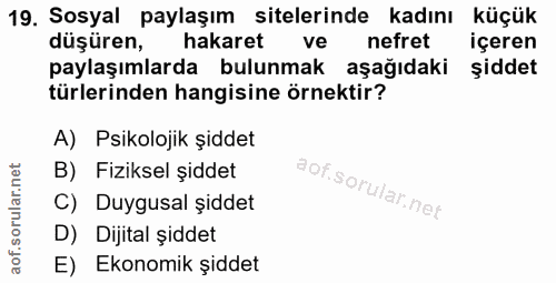 19. soru: Sosyal paylaşım sitelerinde kadını küçük düşüren, hakaret ve nefret içeren paylaşımlarda bulunmak aşağıdaki şiddet tü…