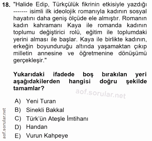 18. soru: "Halide Edip, Türkçülük fikrinin etkisiyle yazdığı -- isimli ilk ideolojik romanıyla kadının sosyal hayatını daha gen…