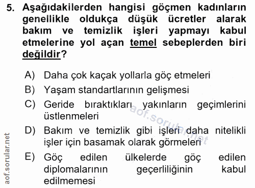 5. soru: Aşağıdakilerden hangisi göçmen kadınların genellikle oldukça düşük ücretler alarak bakım ve temizlik işleri yapmayı k…