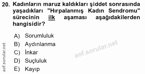 20. soru: Kadınların maruz kaldıkları şiddet sonrasında yaşadıkları "Hırpalanmış Kadın Sendromu"' sürecinin ilk aşaması aşağıda…