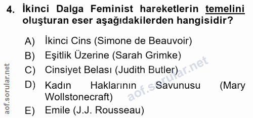 4. soru: İkinci Dalga Feminist hareketlerin temelini oluşturan eser aşağıdakilerden hangisidir? A) Ikinci Cins (Simone de Beau…