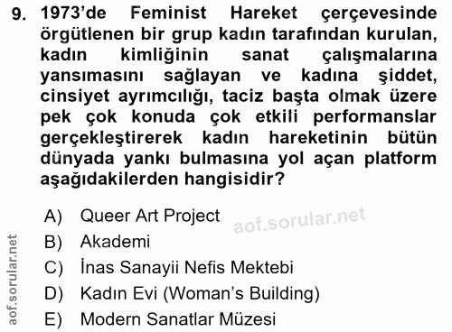 9. soru: 1973'de Feminist Hareket çerçevesinde örgütlenen bir grup kadın tarafından kurulan, kadın kimliğinin sanat çalışmalar…