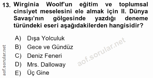 13. soru: Wirginia Woolf'un eğitim ve toplumsal cinsiyet meselesini ele almak için II. Dünya Savaşı'nın gölgesinde yazdığı dene…