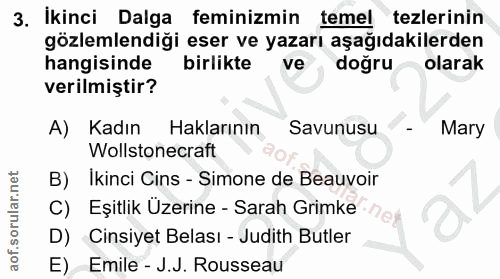 3. soru: Ikinci Dalga feminizmin temel tezlerinin gözlemlendiği eser ve yazarı aşağıdakilerden hangisinde birlikte ve doğru ol…