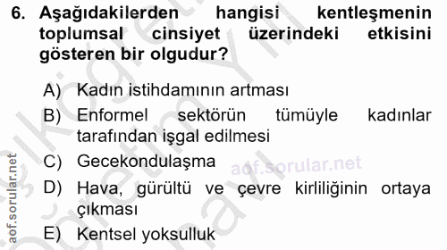 6. soru: Aşağıdakilerden hangisi kentleşmenin toplumsal cinsiyet üzerindeki etkisini gösteren bir olgudur? A) Kadın istihdamın…