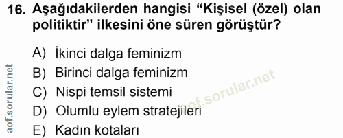 16. soru: Aşağıdakilerden hangisi "Kişisel (özel) olan politiktir" ilkesini öne süren görüştür? A) İkinci dalga feminizm B) Bir…