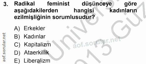 3. soru: Radikal feminist düşünceye göre aşağıdakilerden hangisi kadınların ezilmişliğinin sorumlusudur? A) Erkekler B) Kadınl…