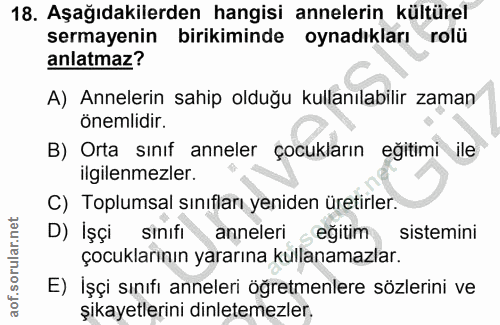 18. soru: Aşağıdakilerden hangisi annelerin kültürel sermayenin birikiminde oynadıkları rolü anlatmaz? A) Annelerin sahip olduğ…