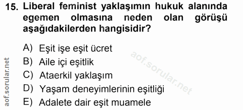 15. soru: Liberal feminist yaklaşımın hukuk alanında egemen olmasına neden olan görüşü aşağıdakilerden hangisidir? A) Eşit işe…