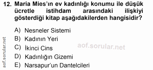 12. soru: Maria Mis'ın ev kadınlığı konumu ile düşük ücretle istihdam arasındaki ilişkiyi gösterdiği kitap aşağıdakilerden hang…